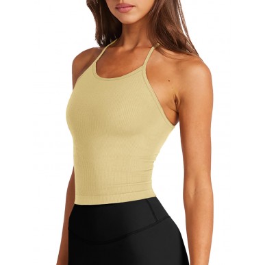 Women's Sports Bra Seamless Long Cropped Tank Top- Natural Yellow