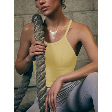 Women's Sports Bra Seamless Long Cropped Tank Top- Natural Yellow