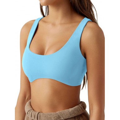 U Women's Sexy Sports Crew Neck Sleeveless Padded Fitness Bra - Light blue
